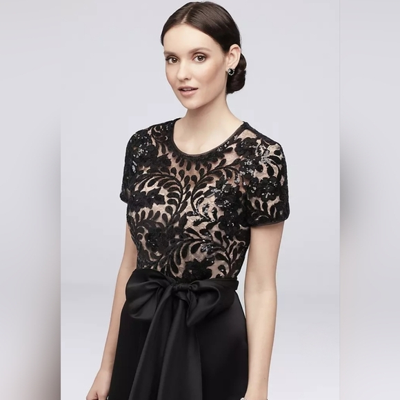 R&M Richards Black Satin & Sequined Lace A-Line High-Low Maxi Dress - Picture 2 of 14